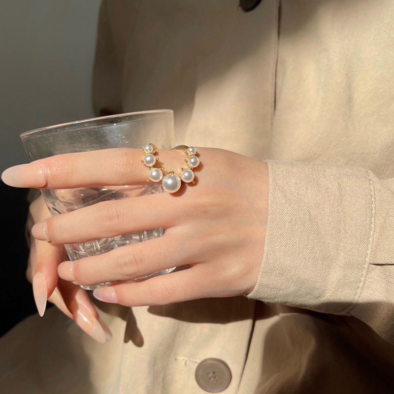 Fashion Besar Geometris Mutiara Berpasir Cincin Untuk Wanita Perhiasan Baru Kepribadian Pernyataan Cincin Terbuka