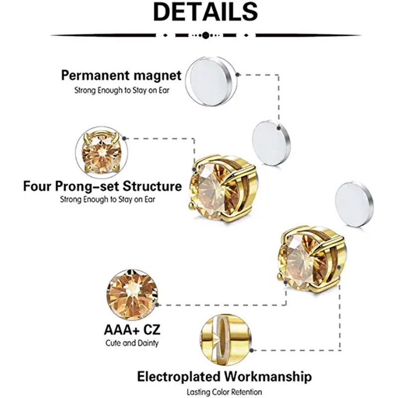 1pasang Kristal Kuat Magnetic Ear Stud Mudah Digunakan Anting Klip Untuk Wanita Pria Punk Bulat Zirkon Magnet Earrings Non Piercing Perhiasan