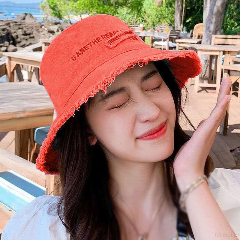 Topi Bucket Wanita Fisherman Huruf Patch Topi Nelayan Topi Korea Kanvas Topi Matahari