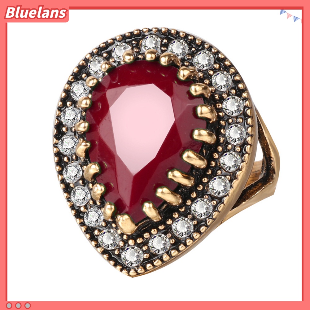 [BLS] Antik Teardrop Resin Berlian Imitasi Mengkilap Bertatahkan Jari Cincin Wanita Perhiasan Hadiah