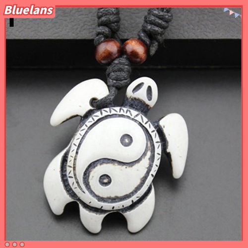 [BLS] Retro Wanita Pria Faux Bone Wax Cord Yin Yang Tai Chi Turtle Pendant Kalung Hadiah