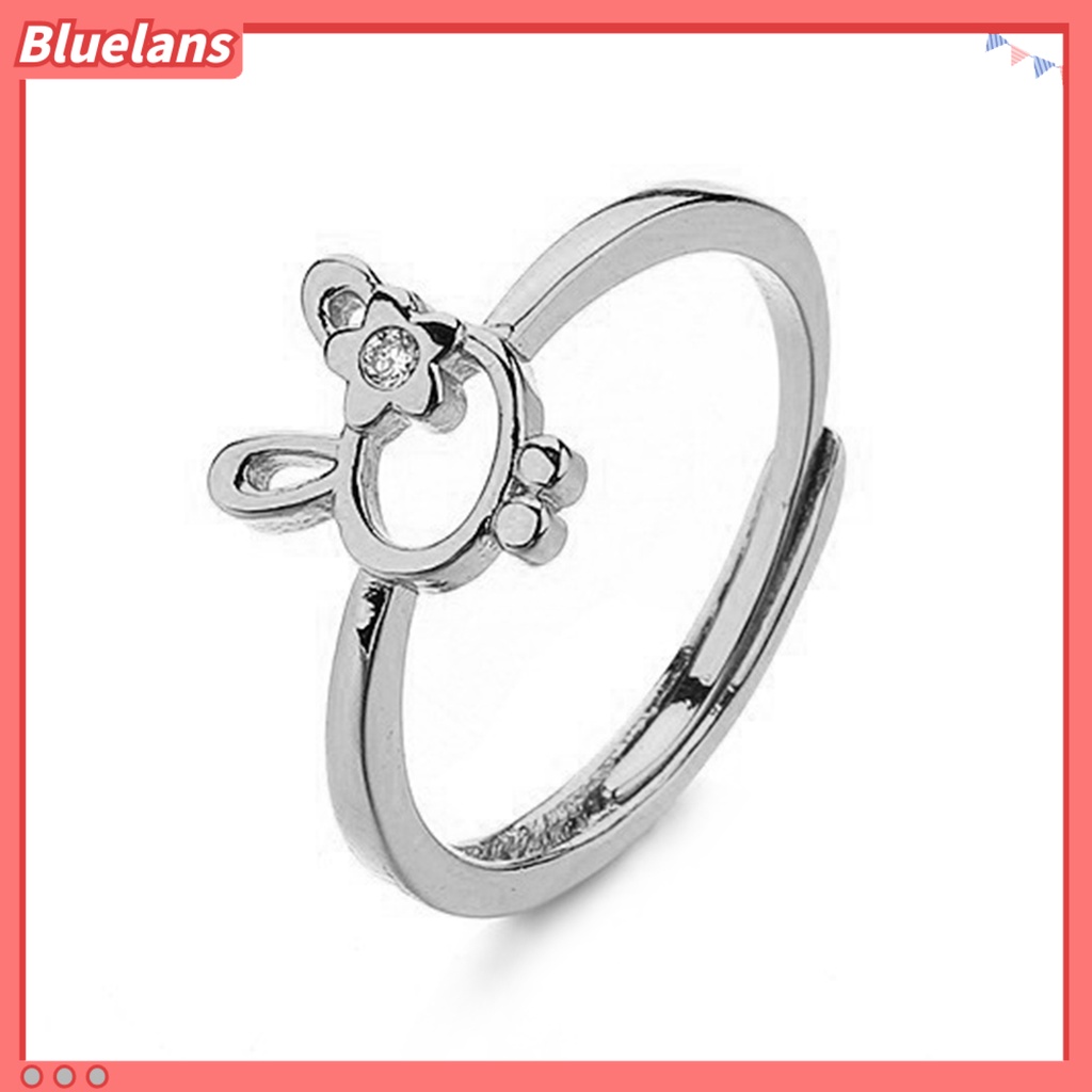 [BLS] Cincin Wanita Manis All-match Aksesoris Fashion Open-end Cute Rabbit Flower Rhinestone Ring Untuk Pakaian Sehari-Hari