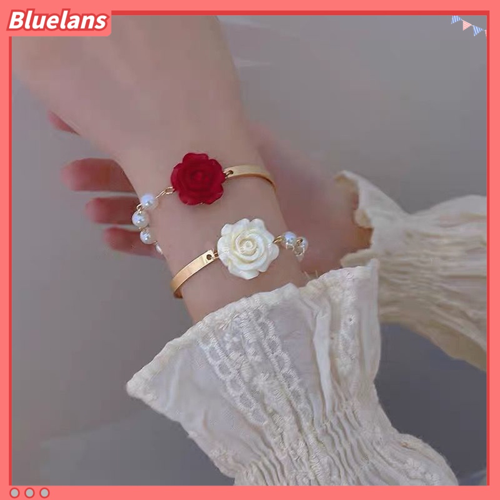 [BLS] Wanita Gelang Bunga Mawar Pesona Electroplating Tidak Luntur Busur Ornamen Mutiara Imitasi Dekorasi Adjustable Temperamen Perancis Niche Bermutu Tinggi Bangle Perhiasan Pesta
