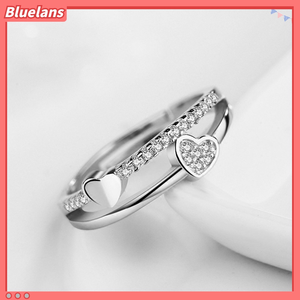 [BLS] Fashion Wanita Berlian Imitasi Hias Hati Ganda Cincin Berakhir Terbuka Perhiasan Hadiah