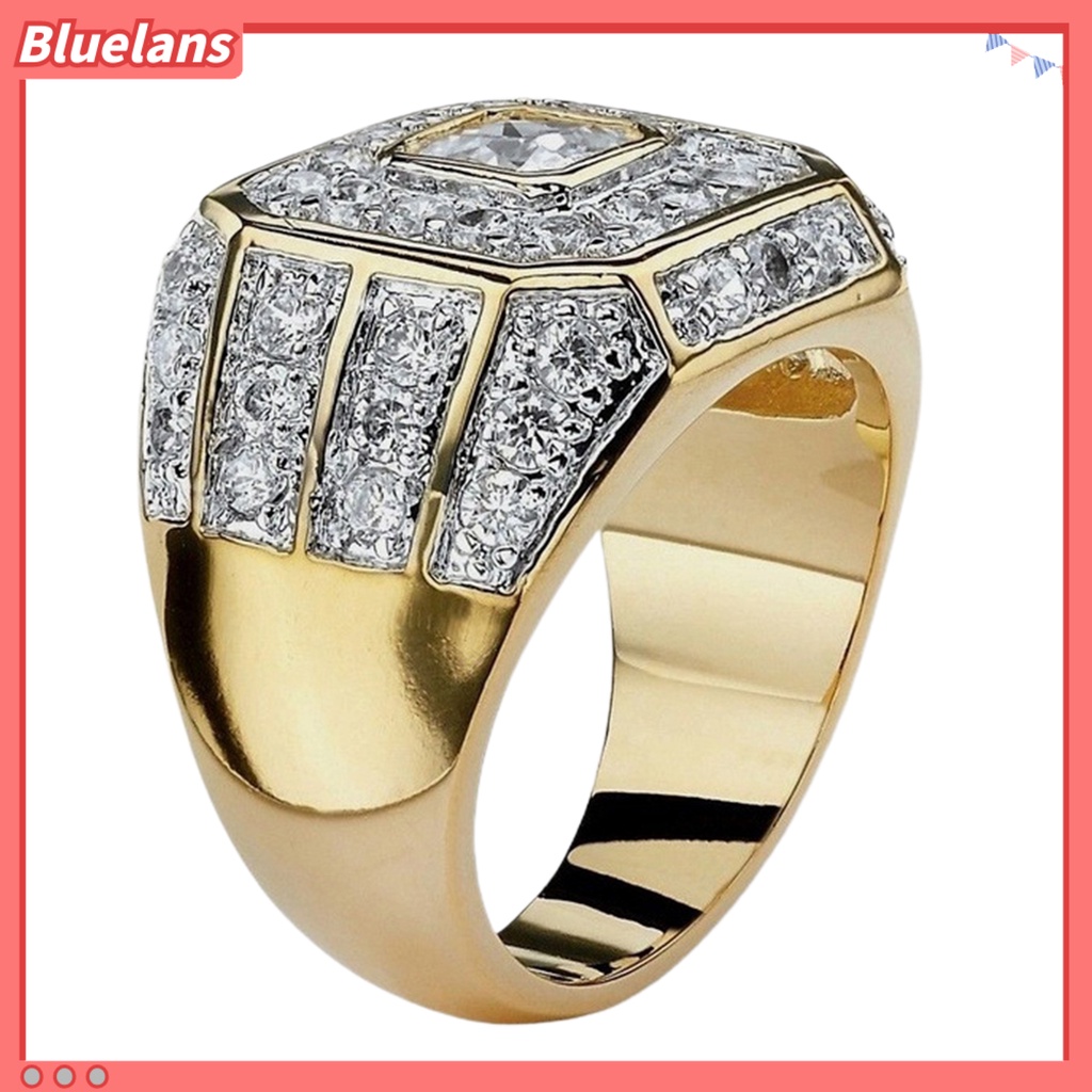 [BLS] Pria Cincin Cubic Zirconia Hip Hop Perhiasan Berkilau Fashion Penampilan Pernikahan Band Ring Untuk Pernikahan