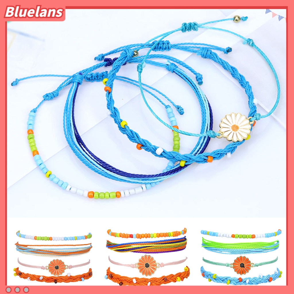 [BLS] 4pcs Wanita Gelang Gaya Bohemian Paduan Tahan Air Tenun Tangan Gelang Braided Bangle Dengan Liontin Set Hadiah Ulang Tahun