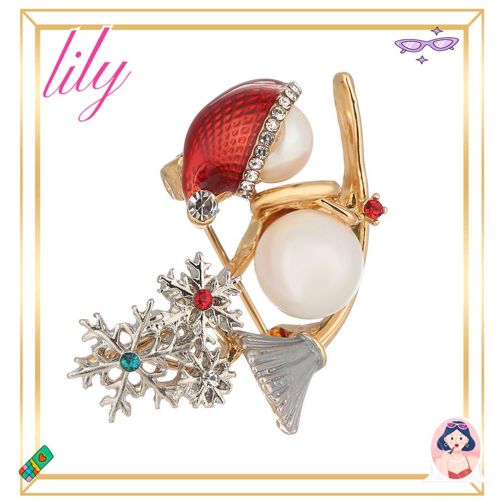 Lily Bros Lucu Kreatif Mutiara Enamel Snowman Penyihir Lapel Pin