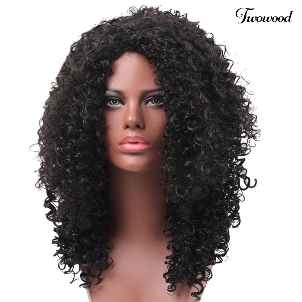 Twowood Wanita Fashion Afro Kinky Curly Rambut Sintetis Panjang Warna Hitam Pesta Wig Keren