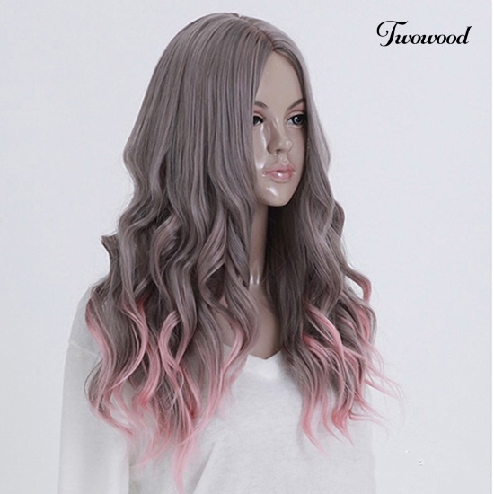 Twowood Lolita Mix Grey Pink Centre Parting Cosplay Rambut Panjang Keriting Bergelombang Full Wig