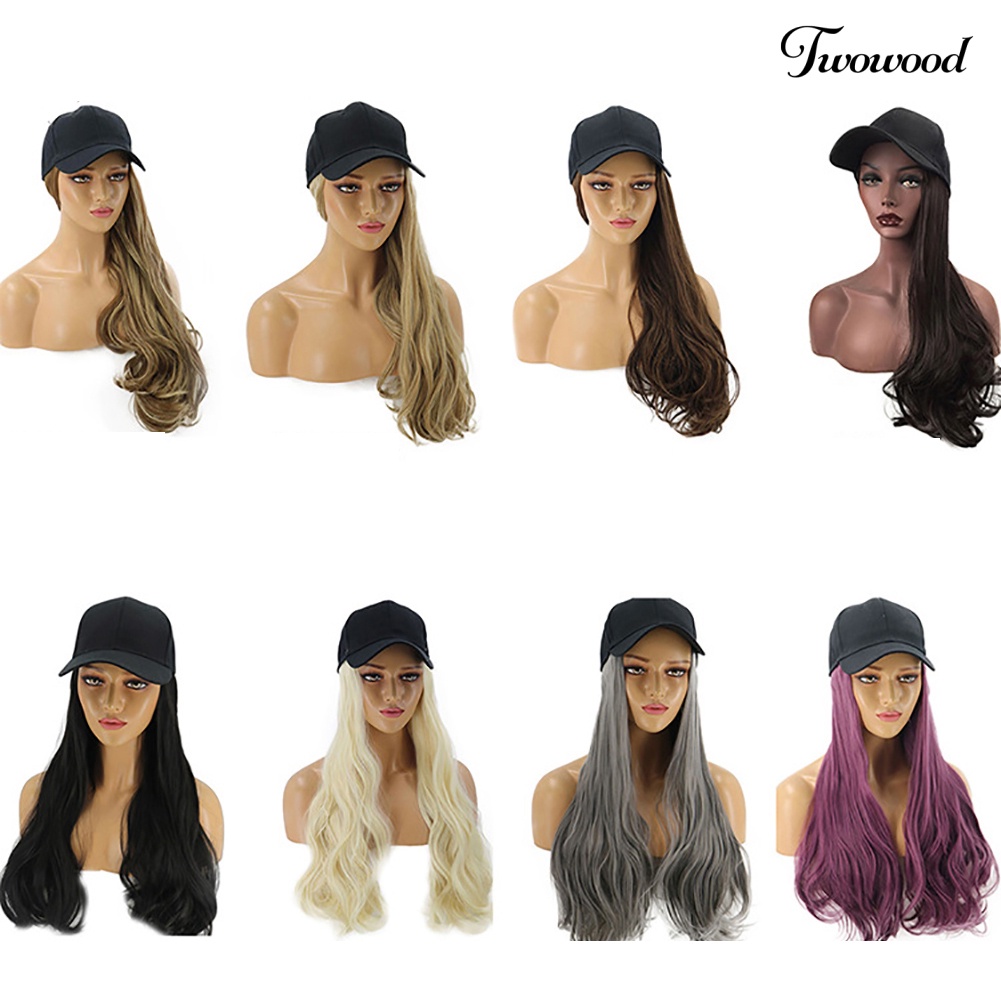 Twowood Wanita Gelombang Panjang Wig Sopak Rambut Sintetis Ekstensi Dengan Topi Baseball Cap