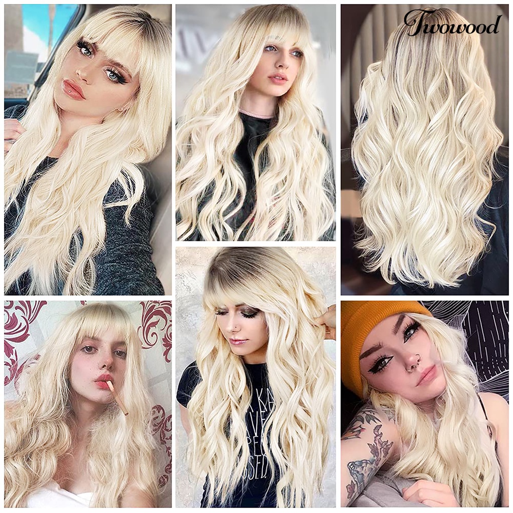 Twowood Wig Gelombang Panjang Efek Gradien Ekstensi Rambut Ringan Wanita Tahan Panas Wig Cosplay Serat Warna-Warni Untuk Perempuan