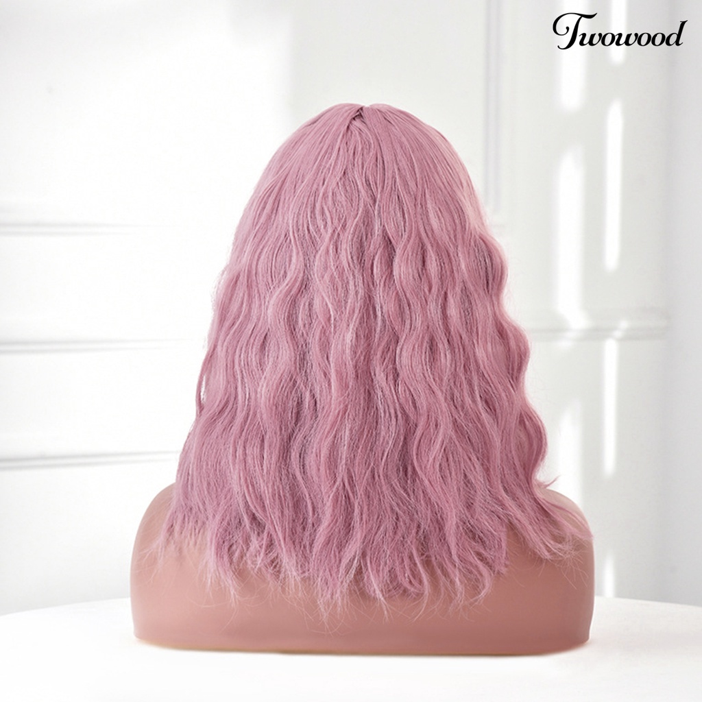 Twowood Cosplay Wig Universal Halus Ringan Pink Head Air Bangs Medium Long Curly Hair Wig Untuk Pesta