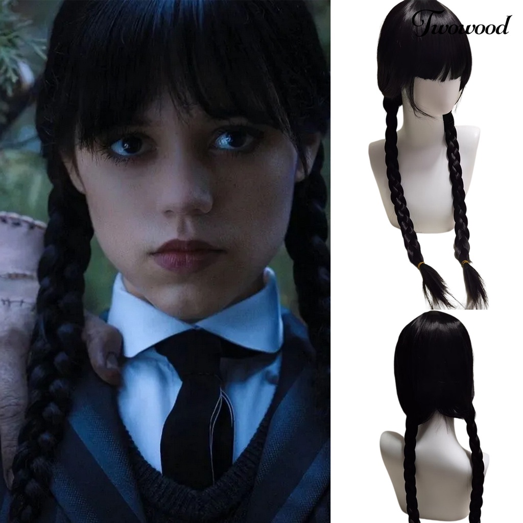 Twowood Serat Suhu Tinggi Dikepang Halus Wig Dengan Poni Film Rabu Addams Cosplay Wanita Wig Alat Styling Rambut