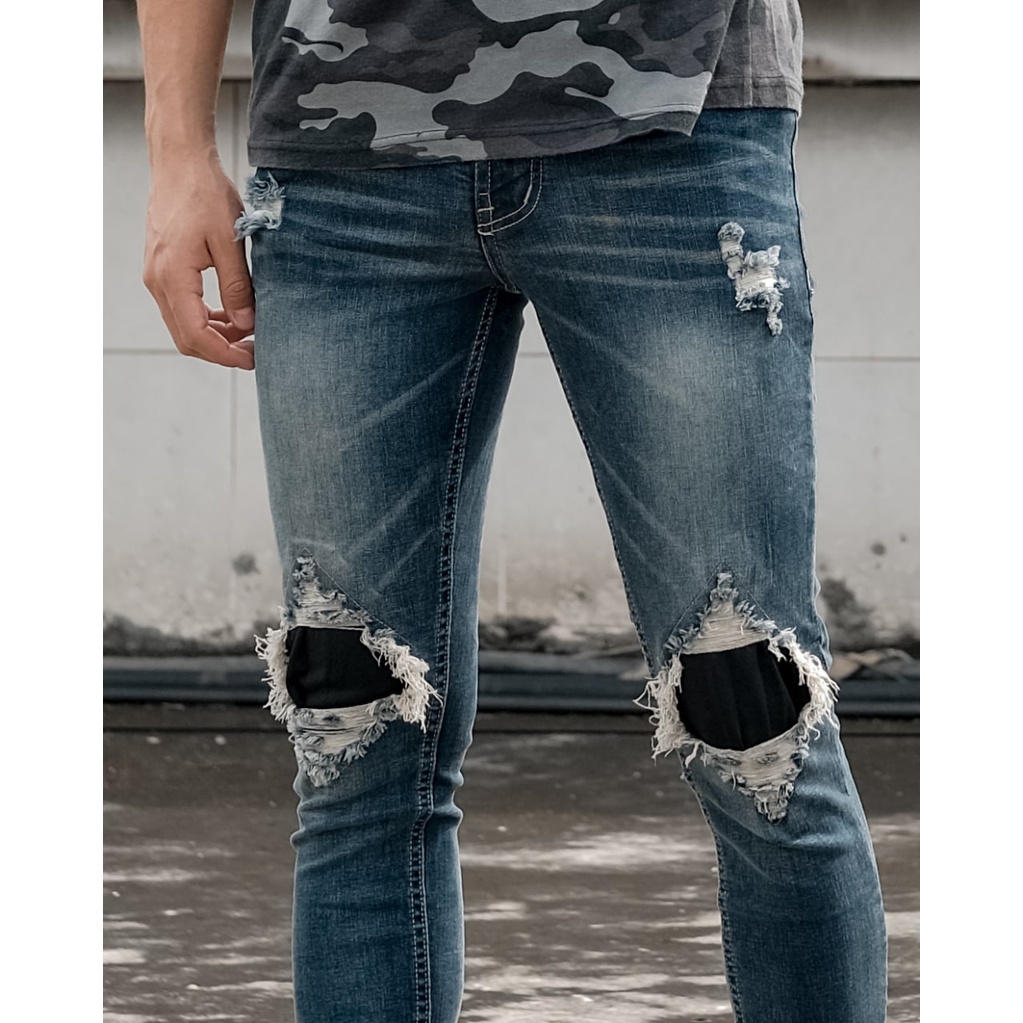 Weird Jeans  - Blue Griss M25 Ripped - Celana Jeans Stretch Pria Skinny Slimfit Ripped Jeans