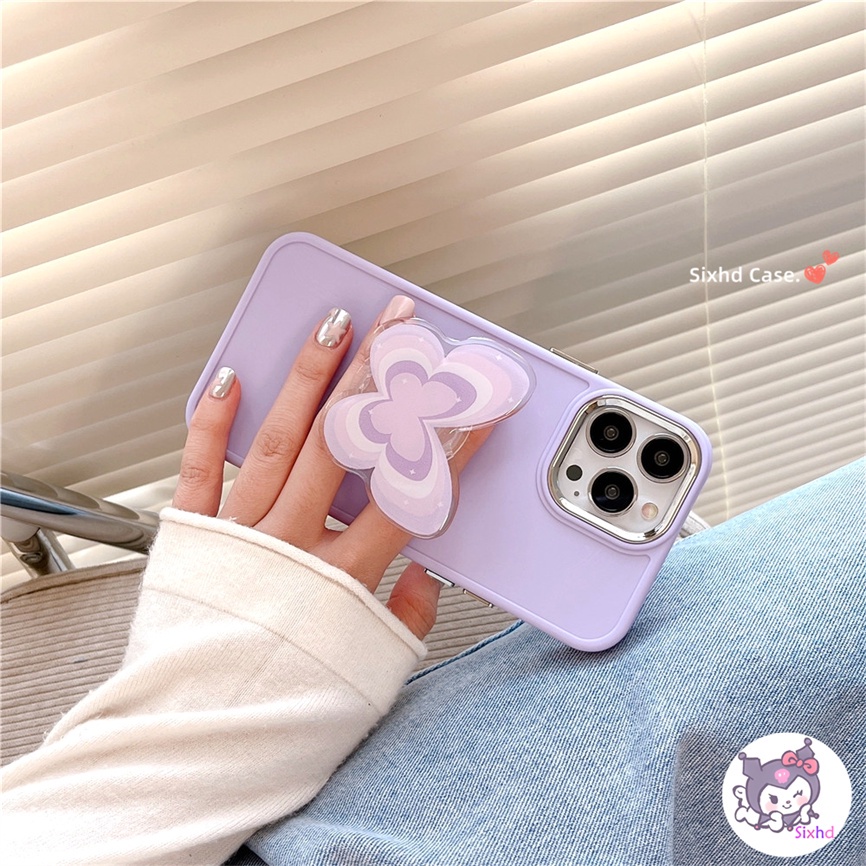 IPHONE Kompatibel Untuk Iphone11 14 13 12 Pro Max8 7Plus X Xs Xr Xs Max SE2020 Electroplated Lens Frame Protection Simple Purple Butterfly Fashion Phone Case+Braket Lembut Anti Jatuh Cover