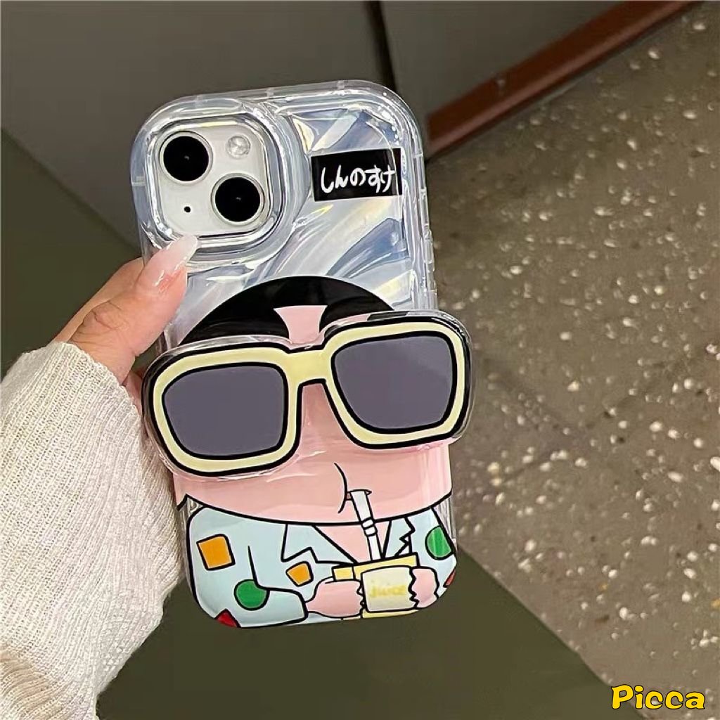 Mewah Dazzle Warna Kartu Laser Kacamata Hitam Keren Crayon Shin-Chan Case Kompatibel Untuk IPhone XR 11 13 14 12 Pro Max7 8 6 6S Plus X XS MAX SE 2020 Case 3D Dengan Stiker Hati Berlian