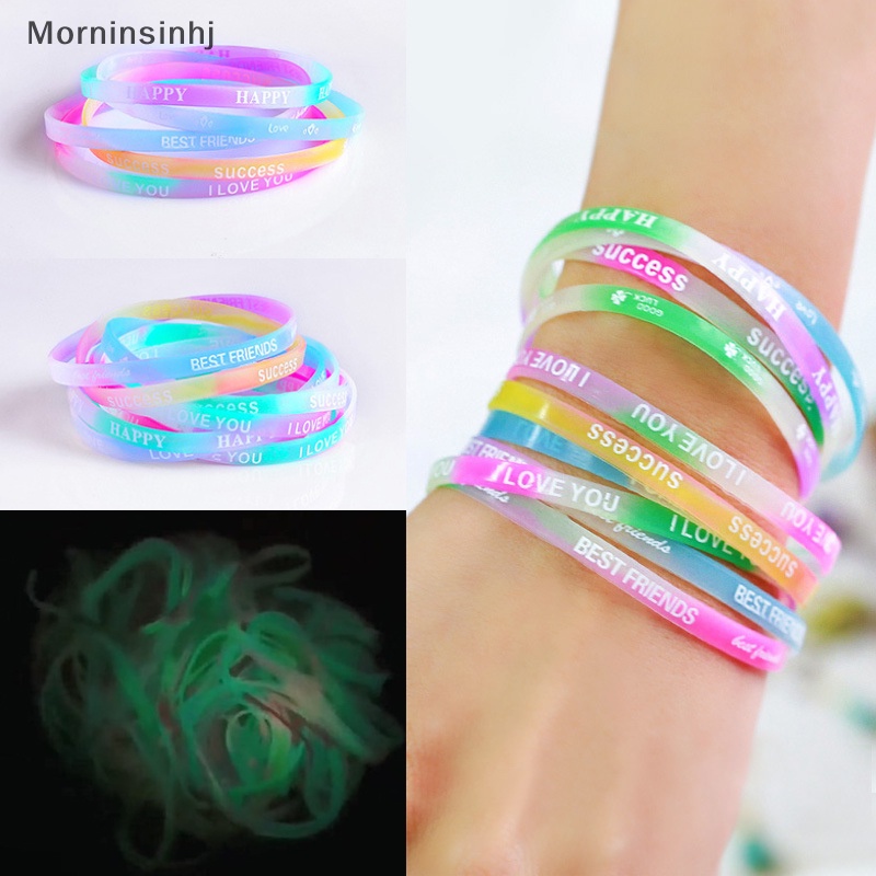 Mornin 10 Pcs Bercahaya Gelang Silikon Permen Berwarna Gerakan Huruf Gelang Fashion Pring Karet Pergelangan Tangan Tali Perhiasan Hadiah id