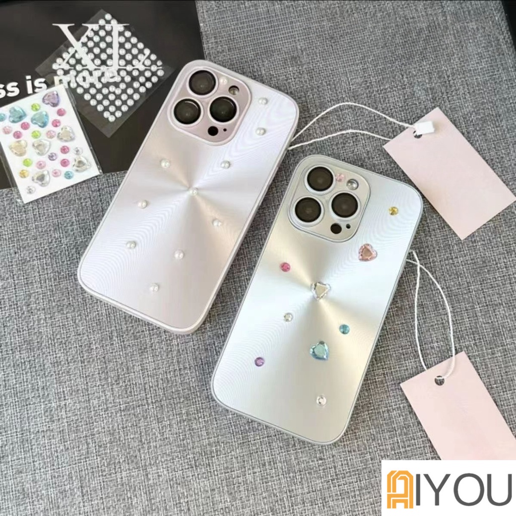 Luxury Laser Case Dengan 3D Mutiara Hati Berlian Imitasi Untuk iPhone 14pro Max13Pro 12 Pro 11motif CD Pelindung Lensa Film PC Hard Ultra Tipis Cover Untuk Iphone14