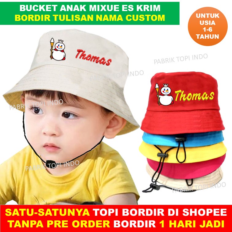 Topi Mixue Anak Bucket Mixue Es Krim dan Bordir Nama Anak Usia 1 - 6 Tahun