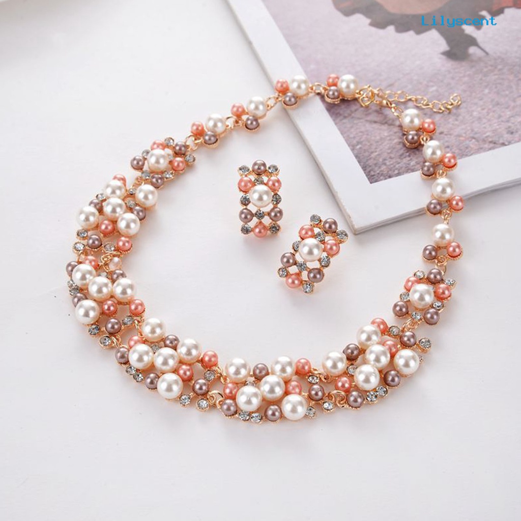 [LS]2 Pcs/set Perhiasan Pernikahan Mutiara Imitasi Multi Warna Royal Mewah Permukaan Halus Wanita Kalung Anting Set Aksesori Perempuan