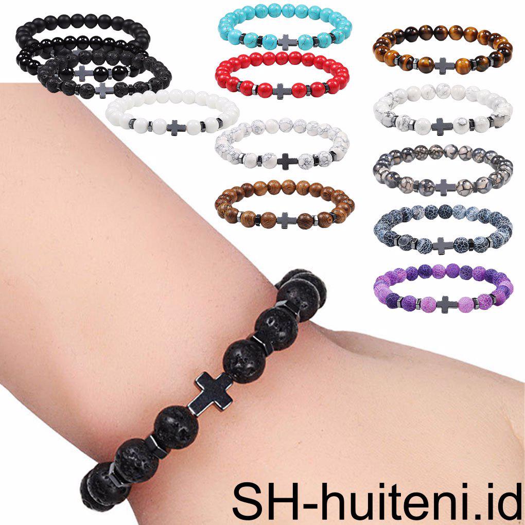 Gelang Manik Batu Bulat Alami Gelang Perhiasan Tahan Aus Tali Elastis Fashion Gelang Mata Untuk Pesta