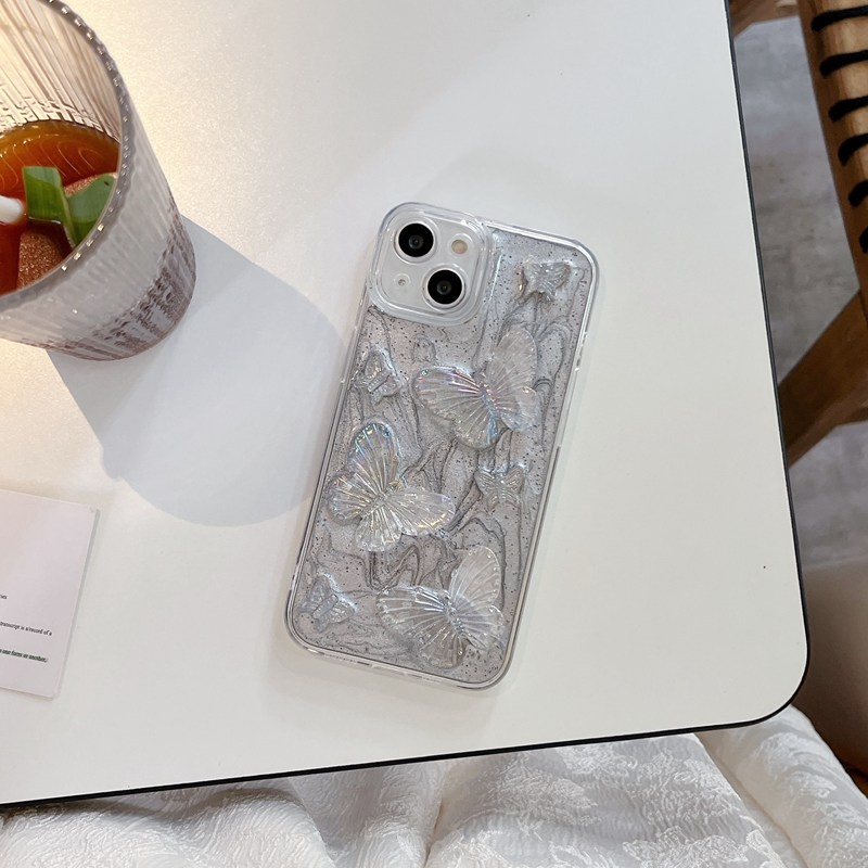 Silver Grey Pigment Butterfly Soft TPU Case HP iP iPhone 14 13 12 11 Pro X XS XR Max 7 8 + Plus SE 2020 2022 Drop Glue FTD Casing Apple