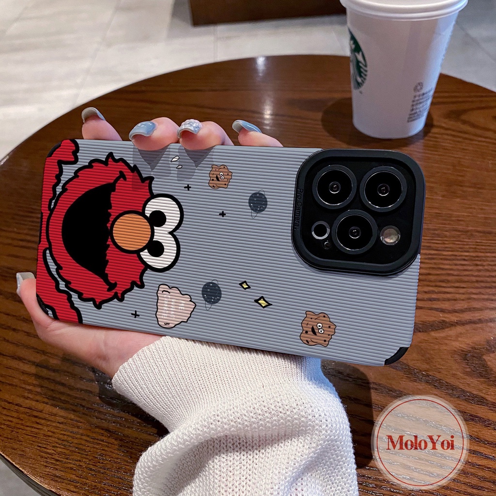 Ins Trendi Merek Merah Sesame Street Pasangan Tekstur Kulit Case Kompatibel Untuk IPhone XR X XS Max 7Plus 11 14 13 12 Pro Max7 8 Plus Shockproof Cover