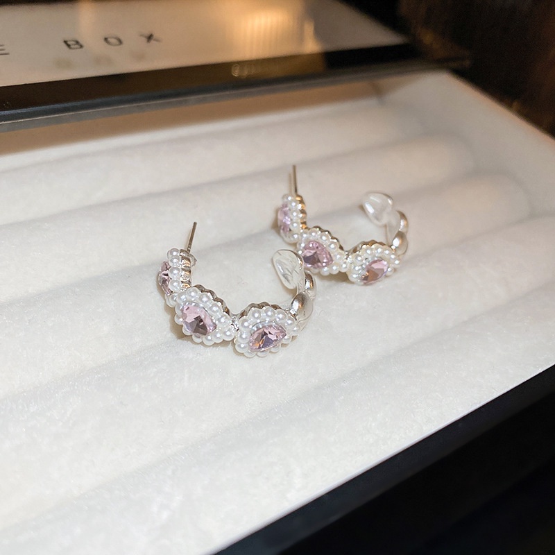 Mutiara Set Berlian Hati Bentuk C Anting Aksesoris Versi Korea Sederhana