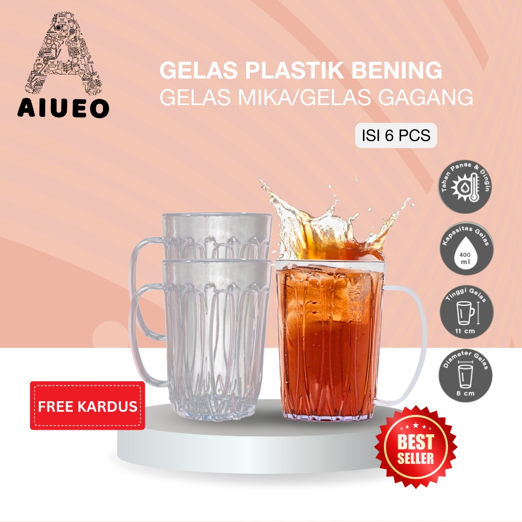 [Gratis Packaging Kardus] Gelas Gagang AIUEO 6pcs 400ml | Gelas Mika Gelas - Gelas Plastik Warna Tahan Panas