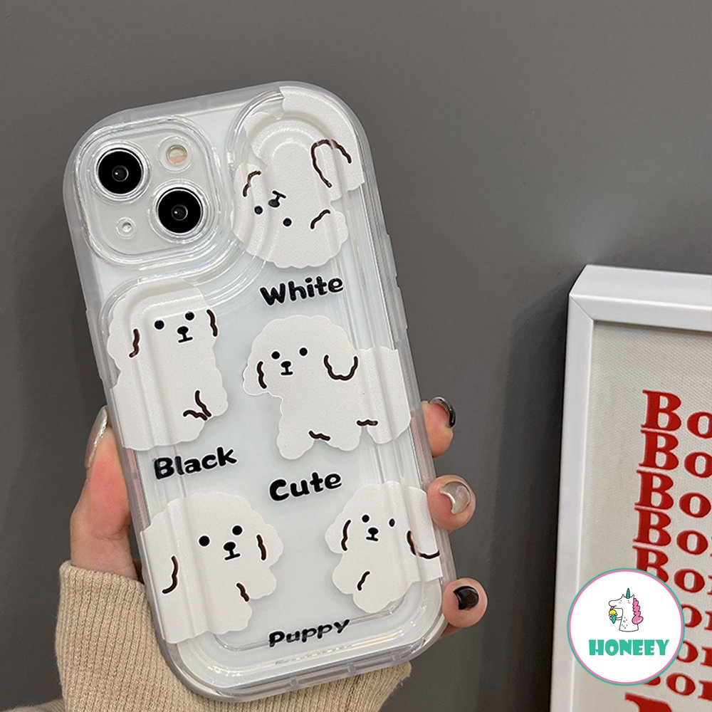 Fashion Hitam Putih Puppy Phone Case Kompatibel Untuk iPhone 14 Pro Max13 12 11 Pro Max Case iPhone 11xr Kartun Berdiri Lembut TPU Penutup Belakang