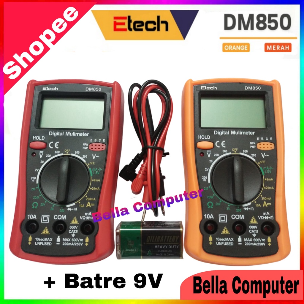 Plus Baterai ETECH DM850 Digital Multimeter Multitester Voltage Tester Portable Automatic AC/DC Voltage Tester with LCD