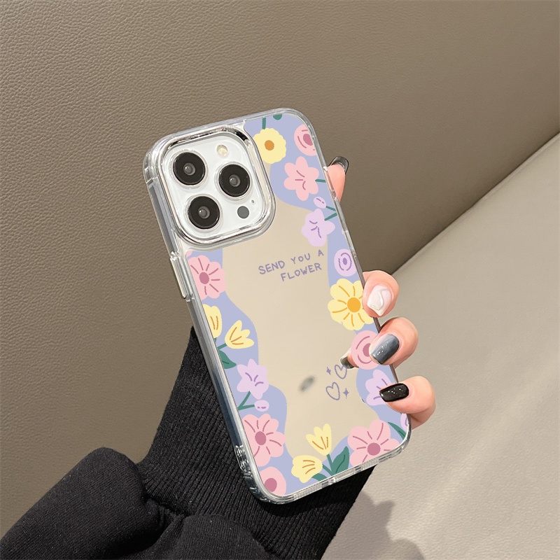 IPHONE Casing Ponsel Cermin Bunga Kartun Warna-Warni Kompatibel Untuk Iphone11 12 13 14 12Pro 13Pro 14Pro Pro Max XR X XS Max Electroplating Tombol Perlindungan Mirror Cover