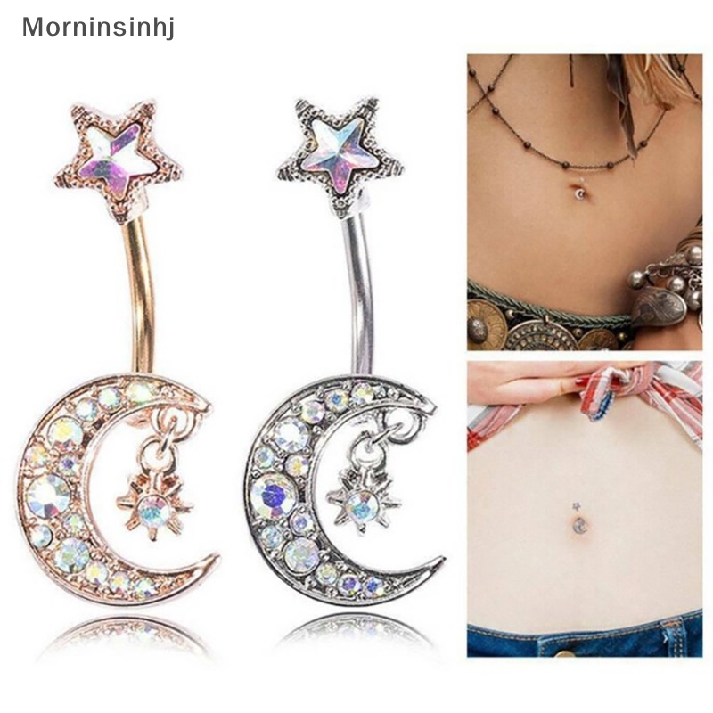 Mornin Starbeauty 14G Drop Bintang Bulan Pusar Bar Menjuntai Anting-Anting Hujan Kristal Pusar Cincin Wanita Pesta Pantai Telinga Perhiasan id