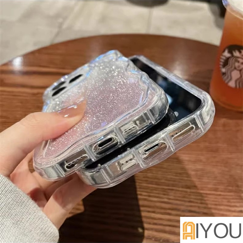 IPHONE Ins Gradiasi Glitter Bening Ponsel Case Untuk Iphone14 13 12 11 Pro Max X XR Xs7 8 Plus S2022 Curly Wavy Frame Shockproof Cover