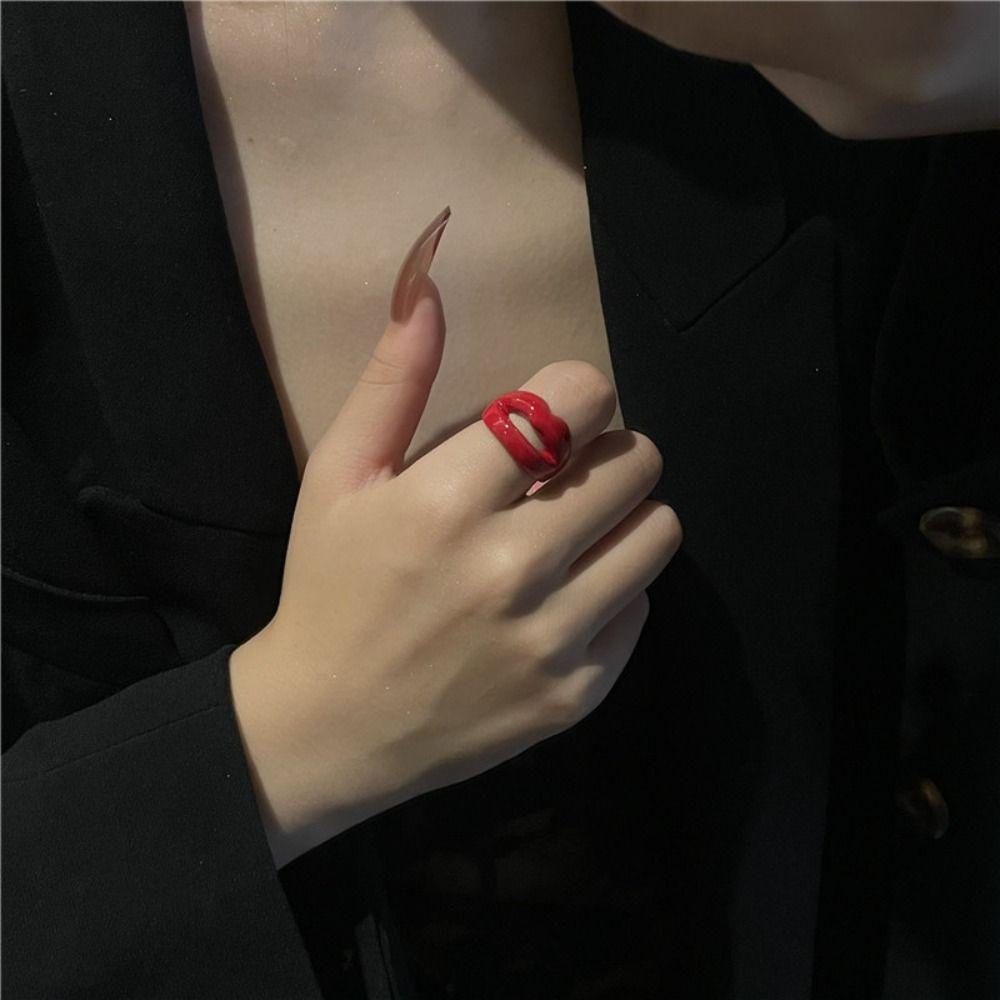 Mxbeauty Cincin Bibir Geometris Kepribadian Harian Retro Drip Glazed Wanita Perhiasan Fashion Design Multicolor Gaya Korea Gesper Jari Untuk Pesta