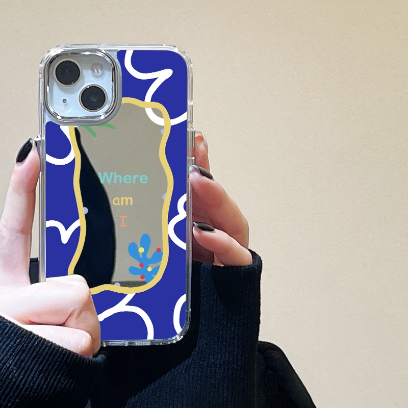 IPHONE Casing Ponsel Cermin Lukisan Biru Terang Kompatibel Untuk Iphone11 12 13 14 12Pro 13Pro 14Pro Pro Max XR X XS Max Electroplating Tombol Perlindungan Mirror Cover