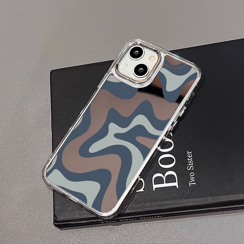 IPHONE Art Grey Blue Painting Mirror Phone Case Kompatibel Untuk Iphone11 12 13 14 12Pro 13Pro 14Pro Pro Max XR X XS Max Electroplating Tombol Perlindungan Mirror Cover