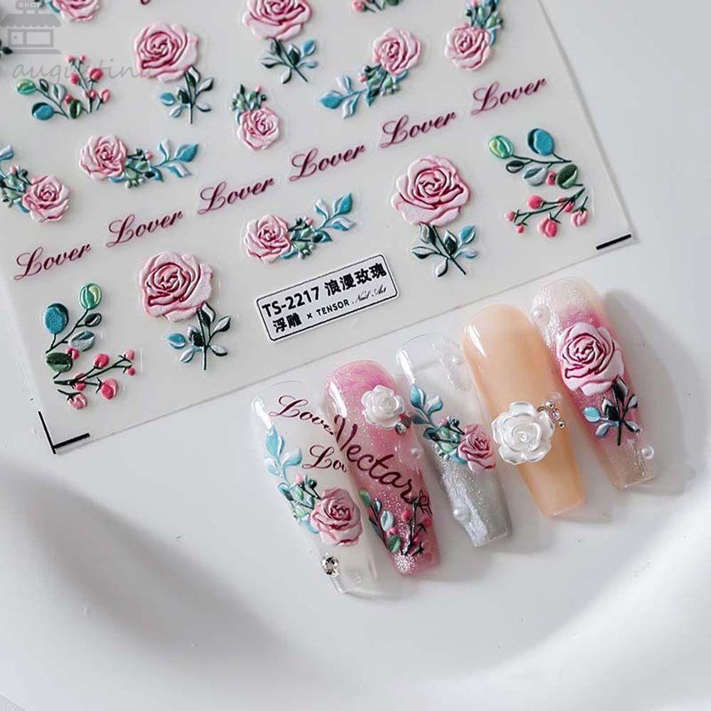 AUGUSTINA Agustina Bunga Stiker Kuku Wanita Ins Style Daun Love Hati Pink Huruf Nail Art Dekorasi