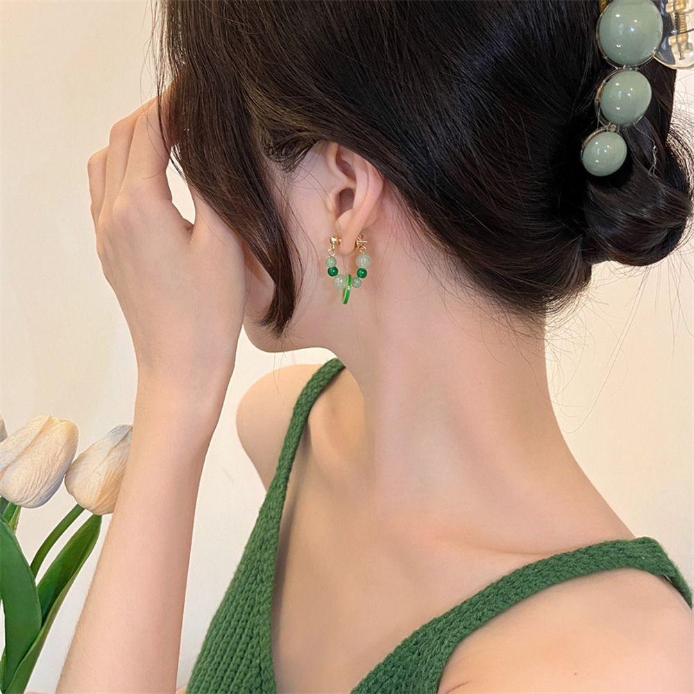Mxbeauty Anting Hoop Manik-Manik, Hoop Telinga Gaya Cina Giok Imitasi, Perhiasan Fashion Resin Alloy Elegan Untuk Kehidupan Sehari-Hari