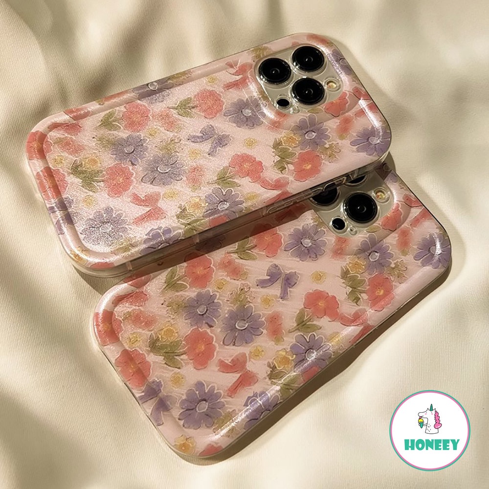 IPHONE French Pink Floral Sweet Flowers Casing Ponsel Untuk Iphone14 13 11 12 Pro Max13 14 Pro Cute Tie Bow Silikon Lembut Shockproof Cover