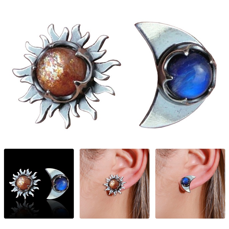 Vintage Sun And Moon Stud Earrings Bohemian Moonstone Perak Menjuntai Anting Untuk Wanita Fashion Perhiasan Aksesoris