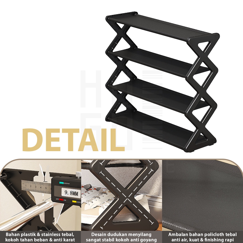 HUGO Rak Sepatu Portable 4 Susun Tempat Sepatu Sandal Serbaguna Minimalis Stainless Steel Kokoh
