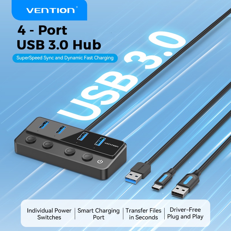Vention 5in1 HUB USB 3.0 Dengan Saklar Daya Individual 5Gbps USB-C Smart Charging Port Adapter