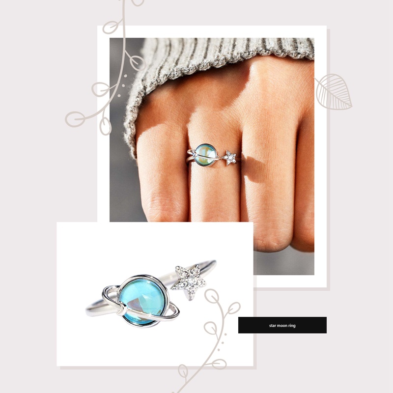 Cincin Planet Bulan Bintang Yang Dapat Diputar Baru Moonstone Rotating Anxiety Decompression Adjustable Finger Ring Untuk Wanita Perhiasan Hadiah