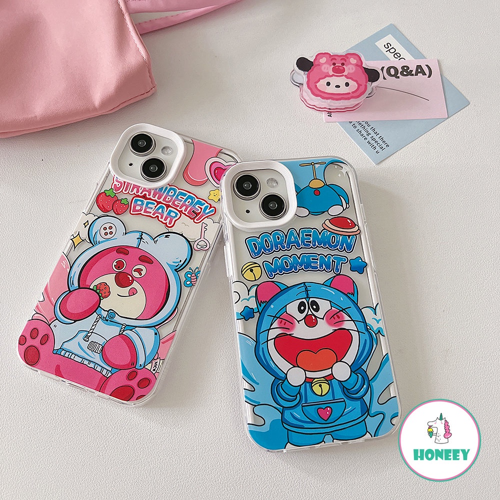 Kartun Strawberry Bear Doraemon Phone Case Kompatibel Untuk iPhone 14 Pro 13 12 11 Pro Max Casing iPhone 11xr XS 7 8plus 3-in-1 Bening Cover Pelindung