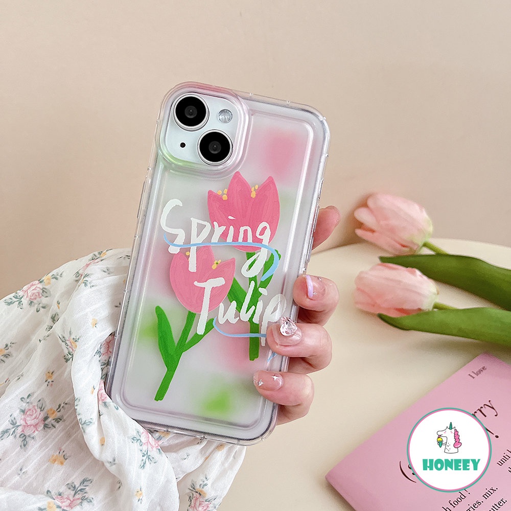 Spring Pink Tulip Phone Case Kompatibel Untuk iPhone 14 Pro 13 12 11 Pro Max XR XS 7 8plus Transparan Anti-Drop Airbag Cover