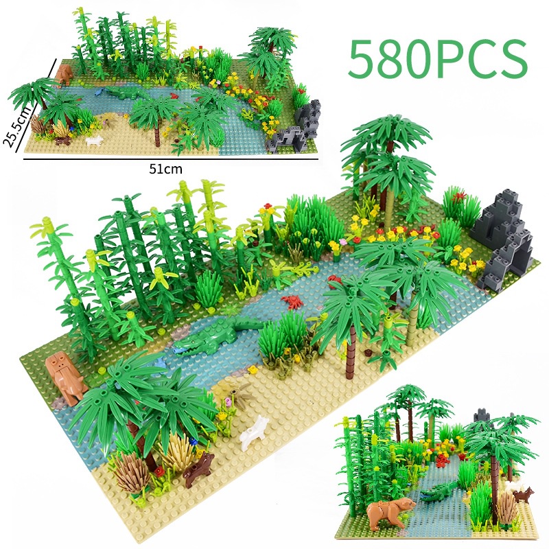 Seri Blok Bangunan Kreatif Pemandangan Hutan Hujan Tropis Aksesoris Hewan Kit DIY Scene Building Block Toys