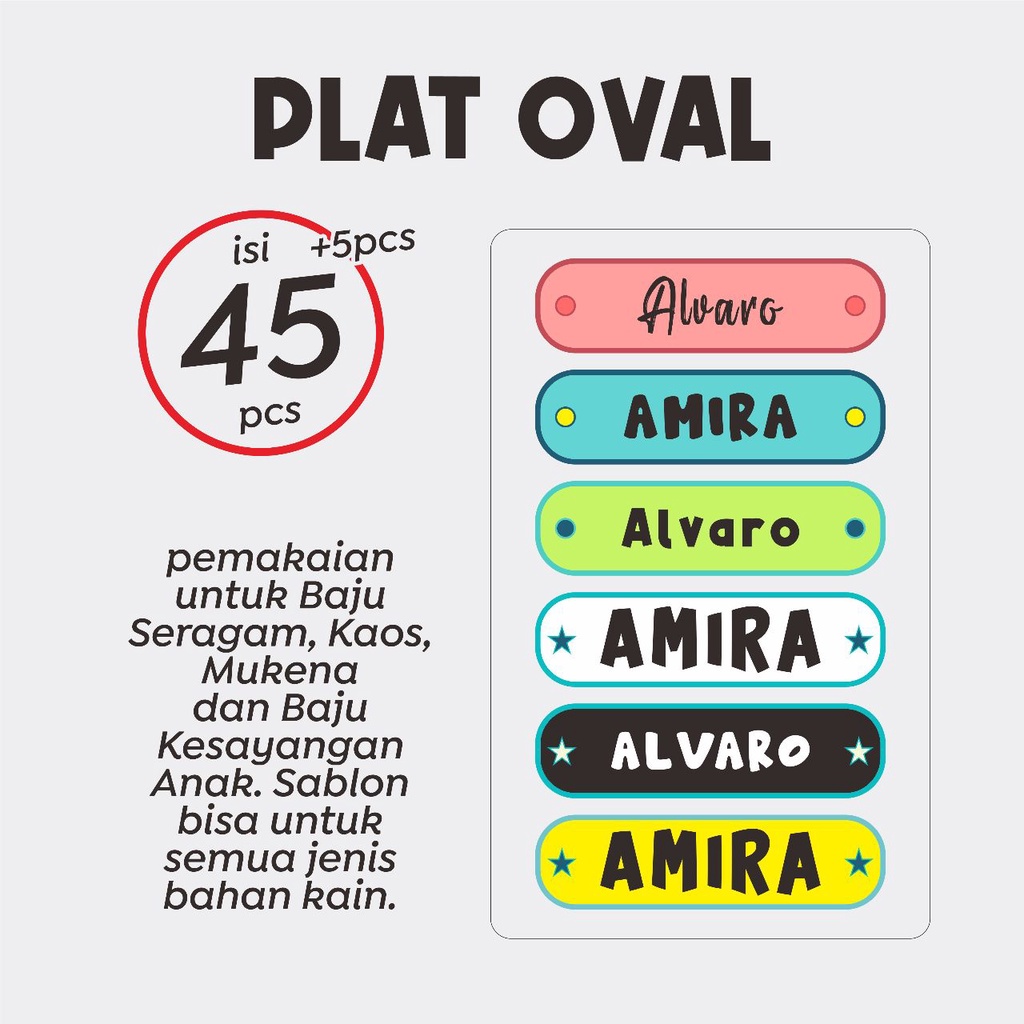 

( PROMO BAYAR DI TEMPAT ) Label stiker nama custom anti air plat oval isi 45 nama // label baju // label jilbab // label nama strika