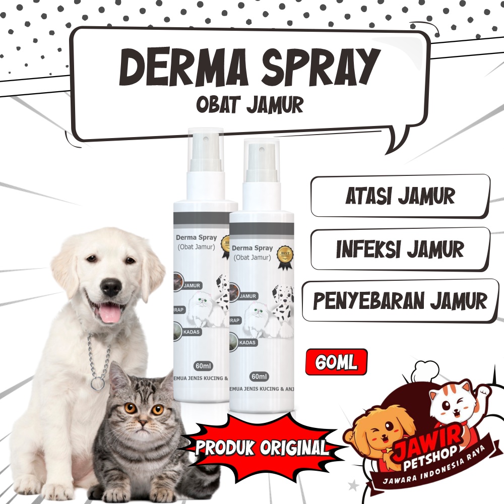 DERMA SPRAY obat anti jamur untuk hewan kucing anjing kulit gatal jamuran kelinci aman anak puppy kitten dog cat semprot infeksi fungal remover removal bagus ampuh kering berair