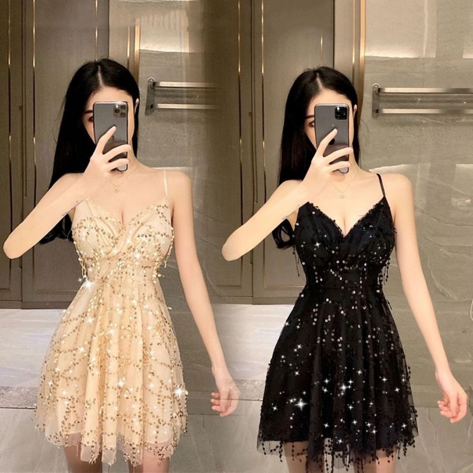 2023 Premium Night Show Elegant Dress Sexy V-Neck Open Back Waist Slim Slim Slim Strap Sequin Dress 